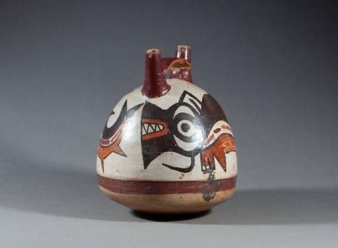 Pré-colombiano. Nazca Vaso globular raro de cerâmica de Nazca com divindade da baleia assassina - 15×13×13 cm Com licença de importação espanhola #2.1