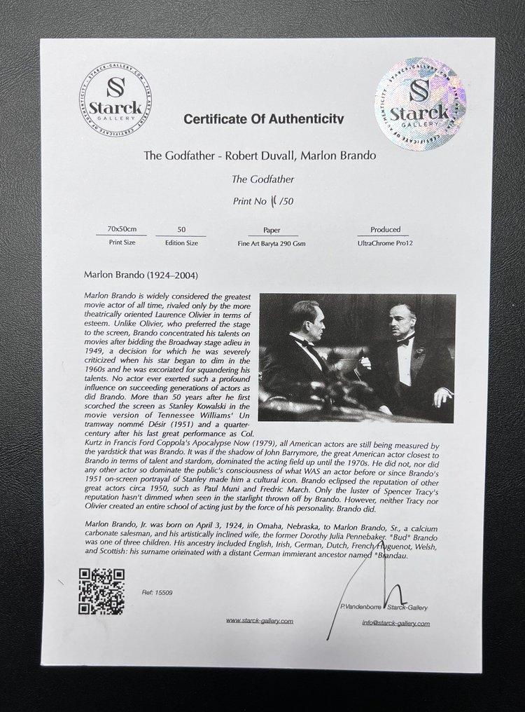 The Godfather - Robert Duvall & Marlon Brando - Luxury Wooden Framed 70X50 cm - Limited Edition Nr 04 of 50- Serial ID 15509 - Original Certificate (COA), Hologram - 100% New. Shipping Reduction from 3 items #1.0