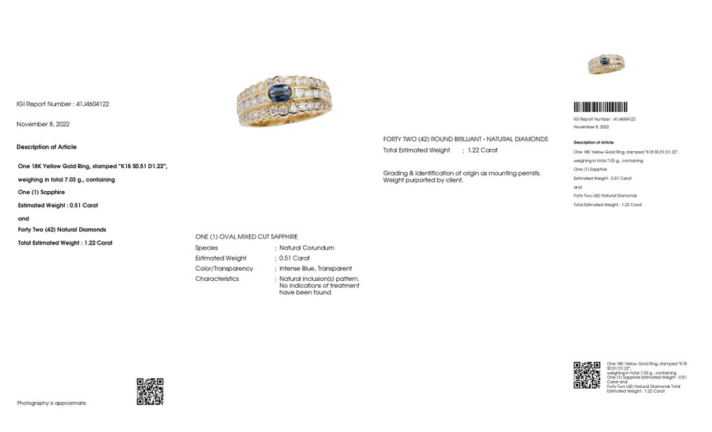 Ring - 18 karat Gull -  1.22 tw. Safir - Diamant #2.1