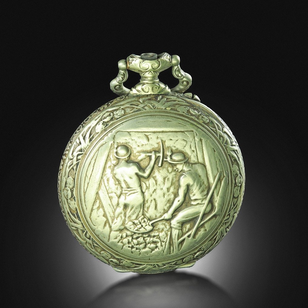 Un orologio da tasca antico in argento puro che raffigura minatori - memorabilia minerarie degli Esemplare - Altezza: 8.2 cm - Larghezza: 7 cm- 181 g #1.0