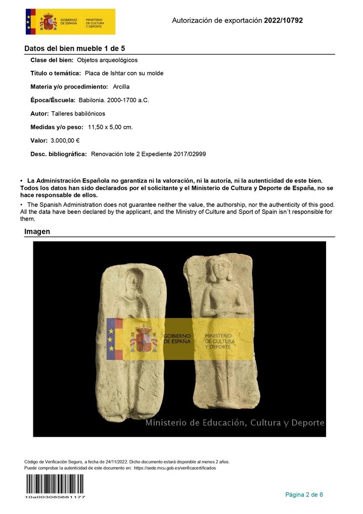 Mesopotamia Gammel babylonsk leireplakett med mugg Med spansk eksportlisens #3.1