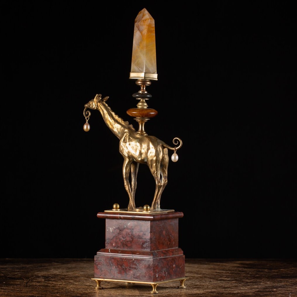 Skulptur, Die Giraffe - 430 mm - Virkelig eksklusiv gjenstand - Antik bronse-sirafffigur med citrinkvarts på marmorsokkel - #2.1