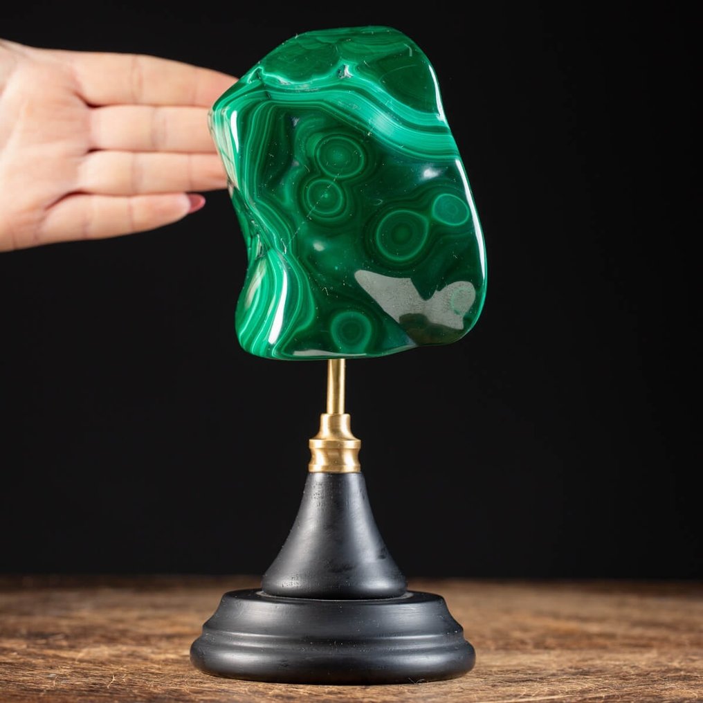 Malachite en forme libre sur une base artistique en bois et en laiton - Qualité AAA - Mines de - Hauteur : 225 mm - Largeur : 105 mm- 1570 g #1.0