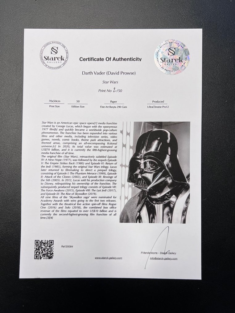 Star Wars, Darth Vader (David Prowse) - Fine Art Photography - Luxury Wooden Framed 70X50 cm - Limited Edition Nr 02 of 30 - Serial ID 20084 - Original Certificate (COA), Hologram - 100% New. Shipping Reduction from 3 items #1.0