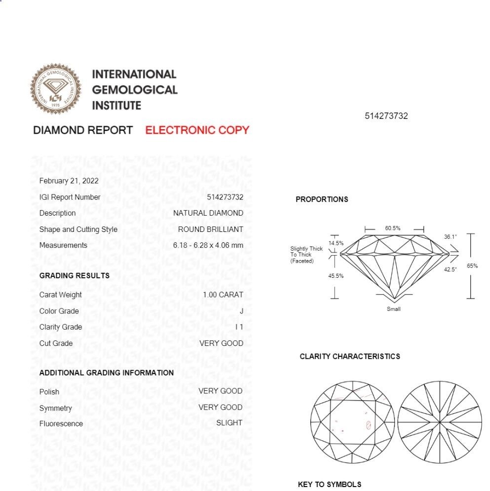 1 pcs Diamant  (Natural)  - 1.00 ct - Rund - J - I1 - International Gemological Institute (IGI) #1.2