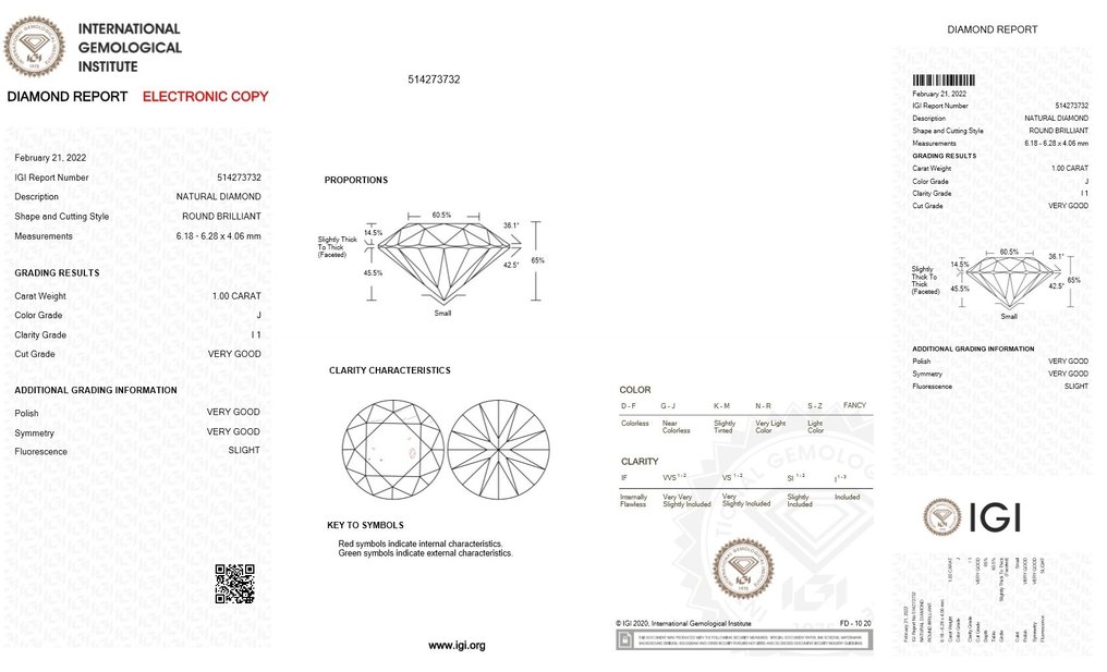 1 pcs Diamante  (Naturale)  - 1.00 ct - Rotondo - J - I1 - International Gemological Institute (IGI) #2.1