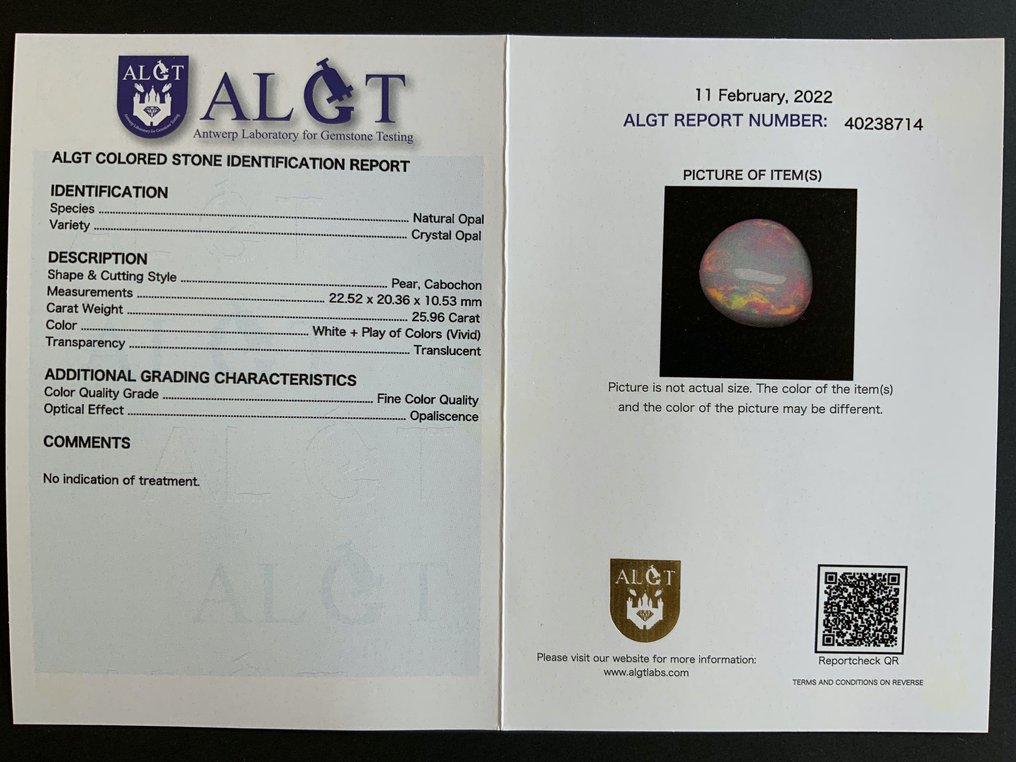 Opal - 25.96 ct - Antwerp Laboratory for Gemstone Testing (ALGT) #1.0
