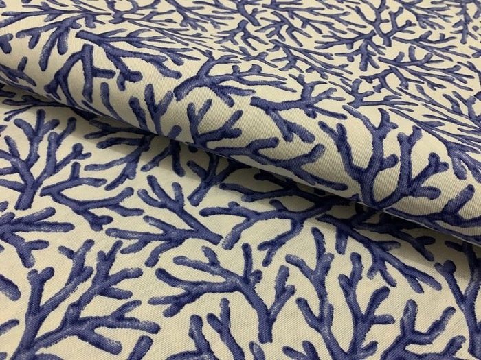 Raro tessuto in Lino e Cotone corallo blu su fondo bianco- 2.50 x 2.80 metri - Tejido de tapicería  - 250 cm - 280 cm #3.1