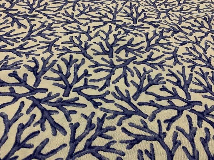 Raro tessuto in Lino e Cotone corallo blu su fondo bianco- 2.50 x 2.80 metri - Tejido de tapicería  - 250 cm - 280 cm #2.2