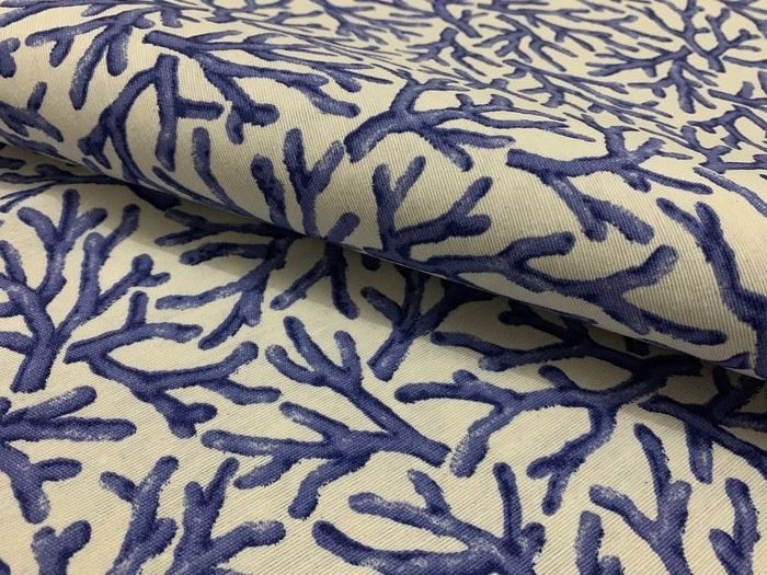 Raro tessuto in Lino e Cotone corallo blu su fondo bianco- 2.50 x 2.80 metri - Tejido de tapicería  - 250 cm - 280 cm #1.1