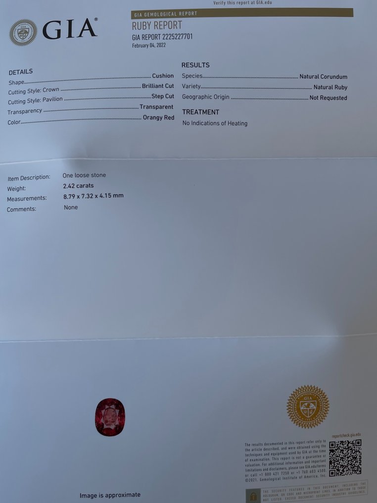 No reserve price - 1 pcs Orange, Red Ruby - 2.42 ct - Gemological Institute of America (GIA) #4.3