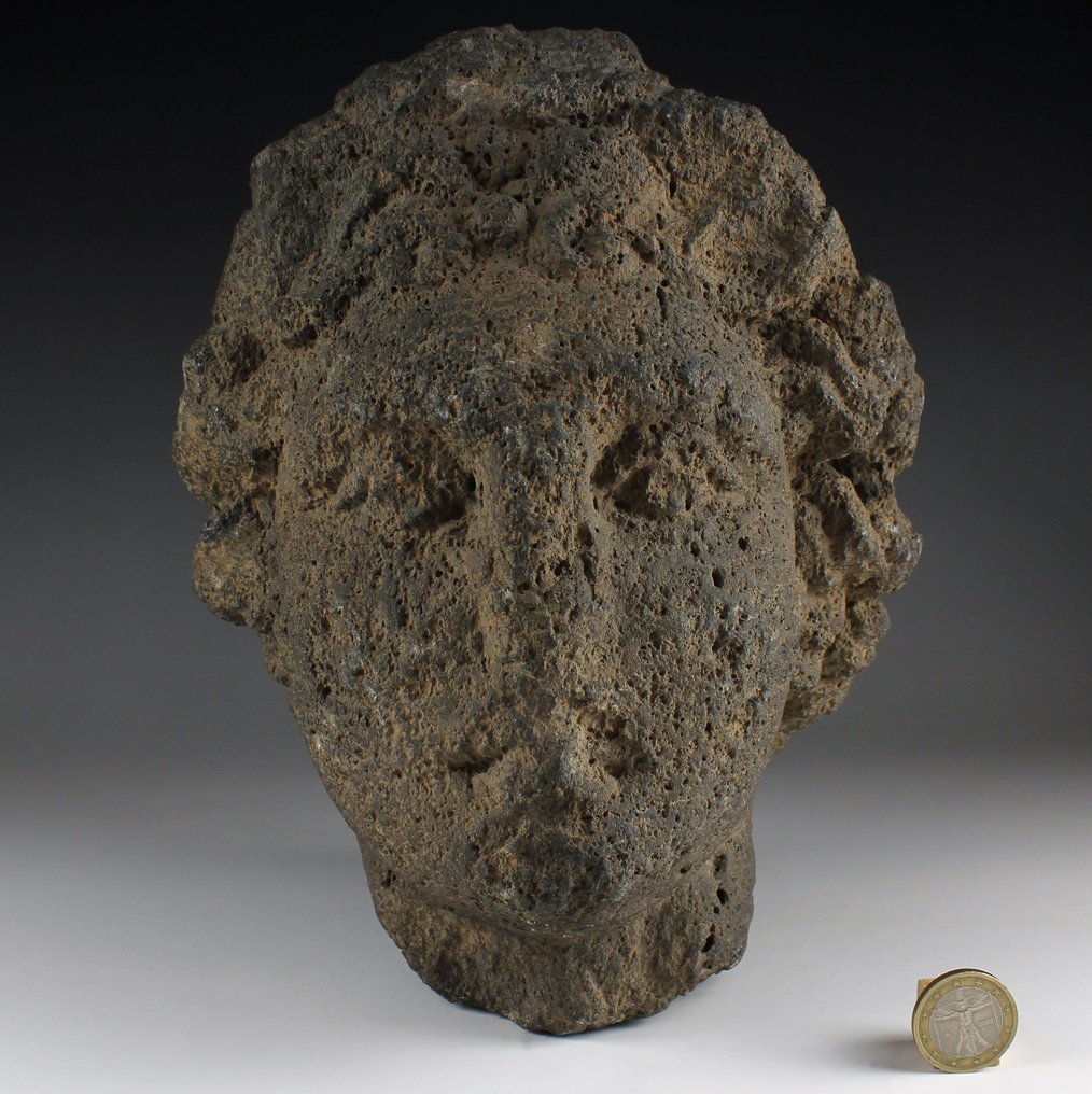 Starożytnego Rzymu, cesarstwo Bazalt Starożytna rzymska bazaltowa głowa młodzieńca - z hiszpańską licencją eksportową - 22.5 cm #1.2