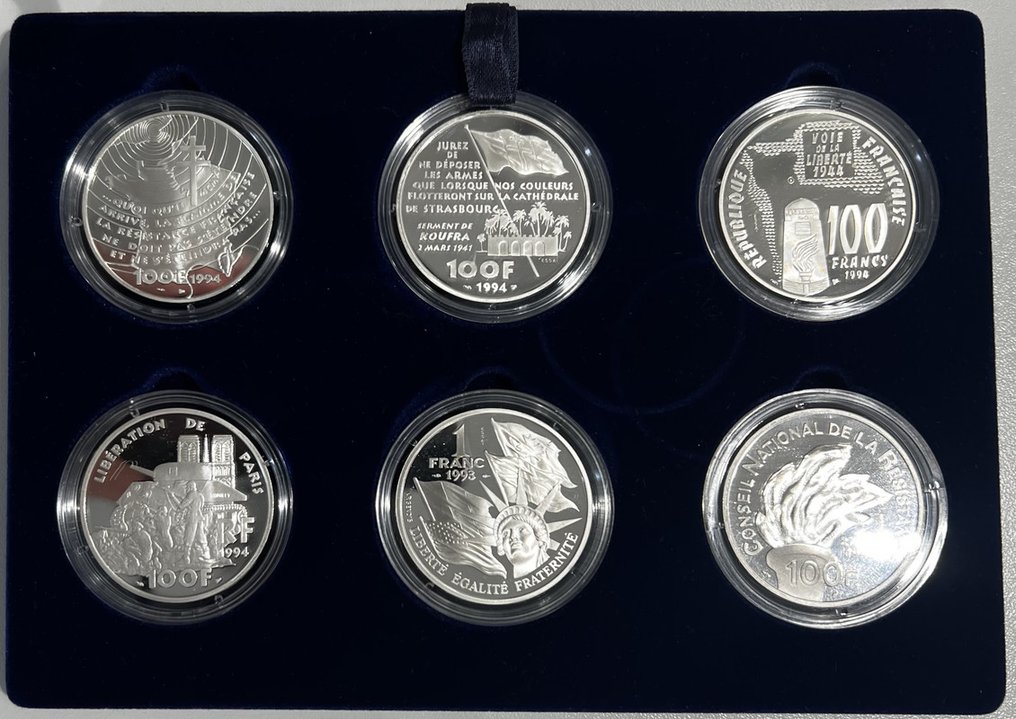 Frankrike. 1 Franc / 100 Francs 1993/1994 Coffret de 6 monnaies (Essai) "La Liberté Retrouvée" #2.2