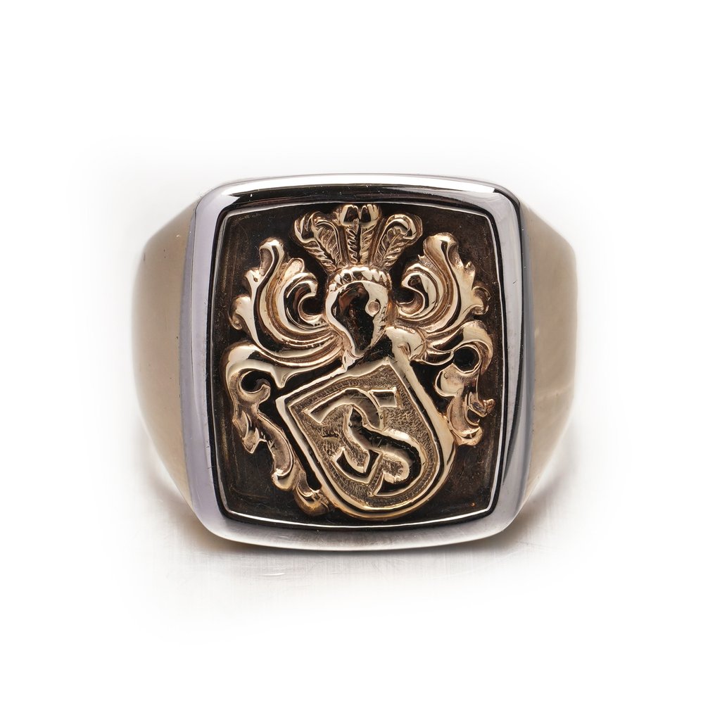 Vintage signet ring with coat of arms - 18 kt. White gold, Yellow gold - Ring #1.2