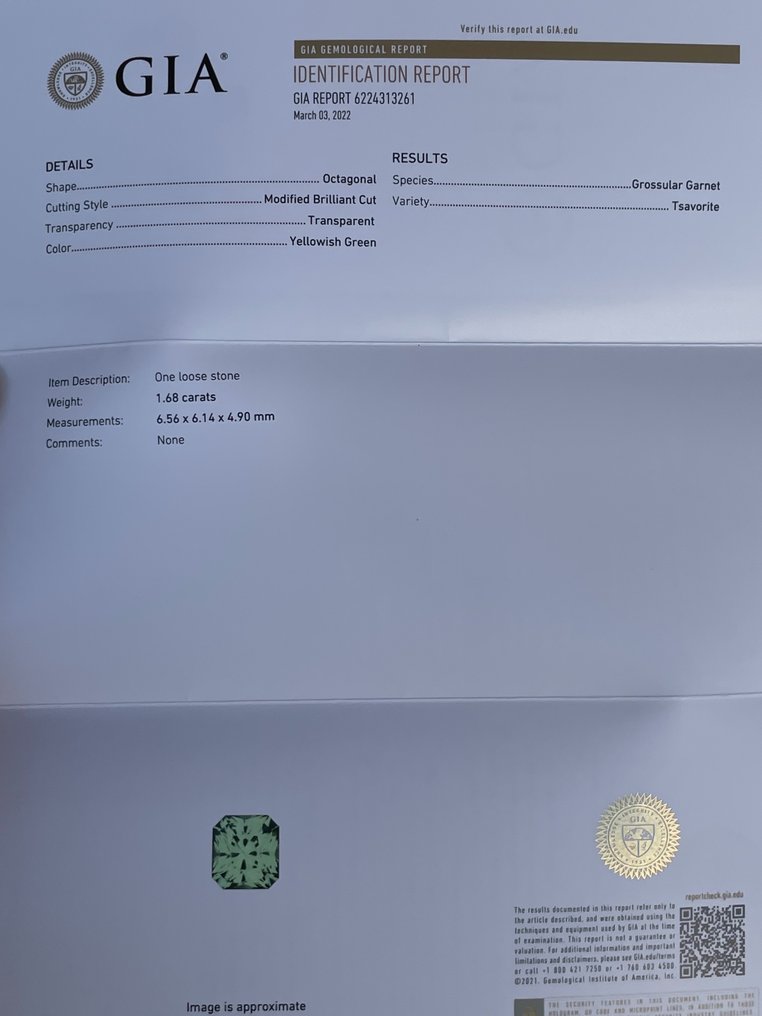 1 pcs  绿色 沙弗莱石  - 1.68 ct - 美国宝石研究院（GIA） #2.1