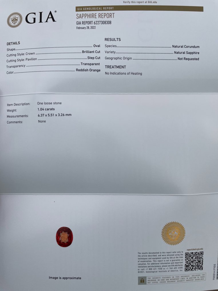 1 pcs  橙色, 红色 蓝宝石  - 1.04 ct - 美国宝石研究院（GIA） #4.3