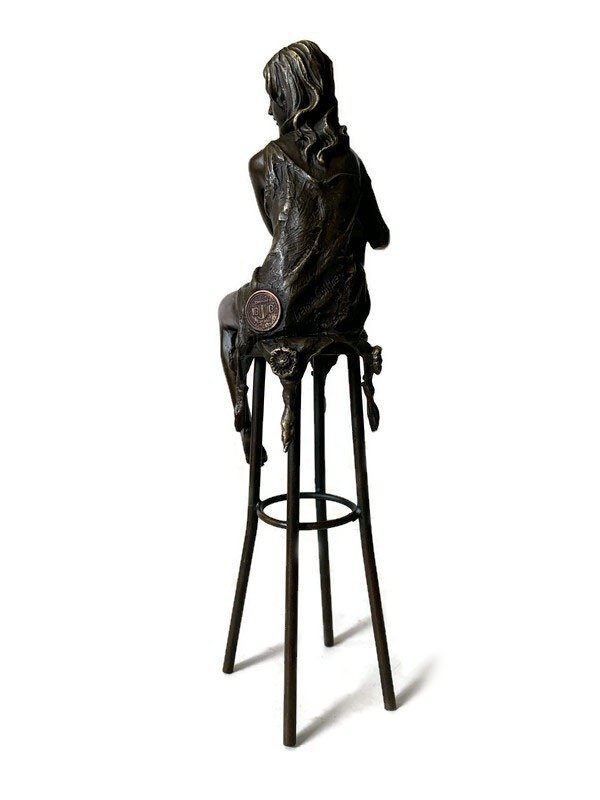 Statua, Bronzen beeld vrouw op kruk - 28 cm - Bronzo #4.3