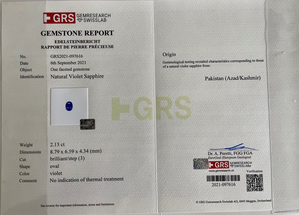 1 pcs 紫罗兰色, 蓝色 蓝宝石 - 2.13 ct - 瑞士宝石研究中心(GRS) #3.2