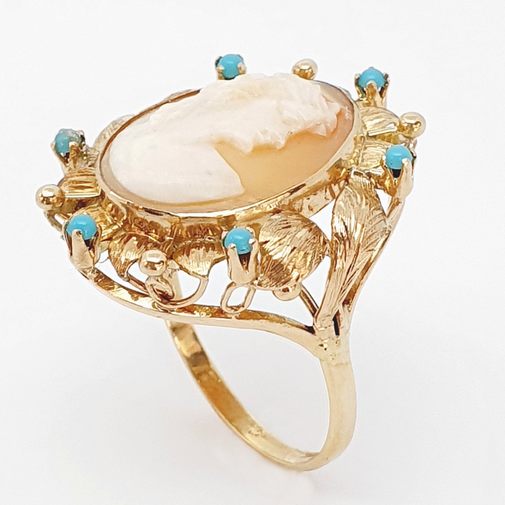 18 kt. Yellow gold - Ring - 0.08 ct Turquoises - Cameo #1.1