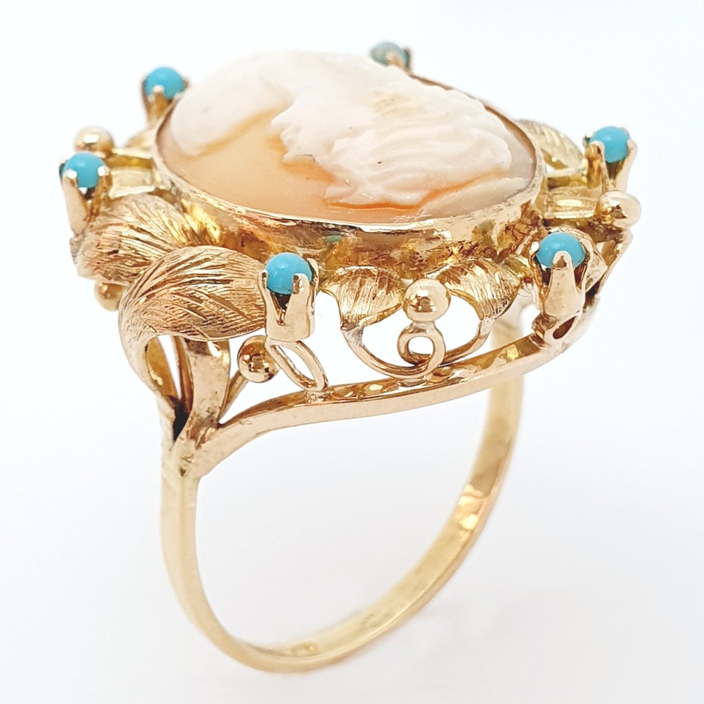 18 kt. Yellow gold - Ring - 0.08 ct Turquoises - Cameo #2.1