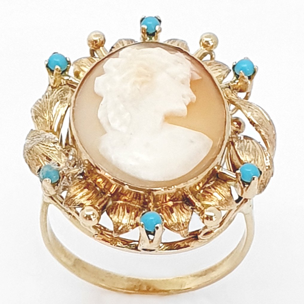 18 kt. Yellow gold - Ring - 0.08 ct Turquoises - Cameo #1.2