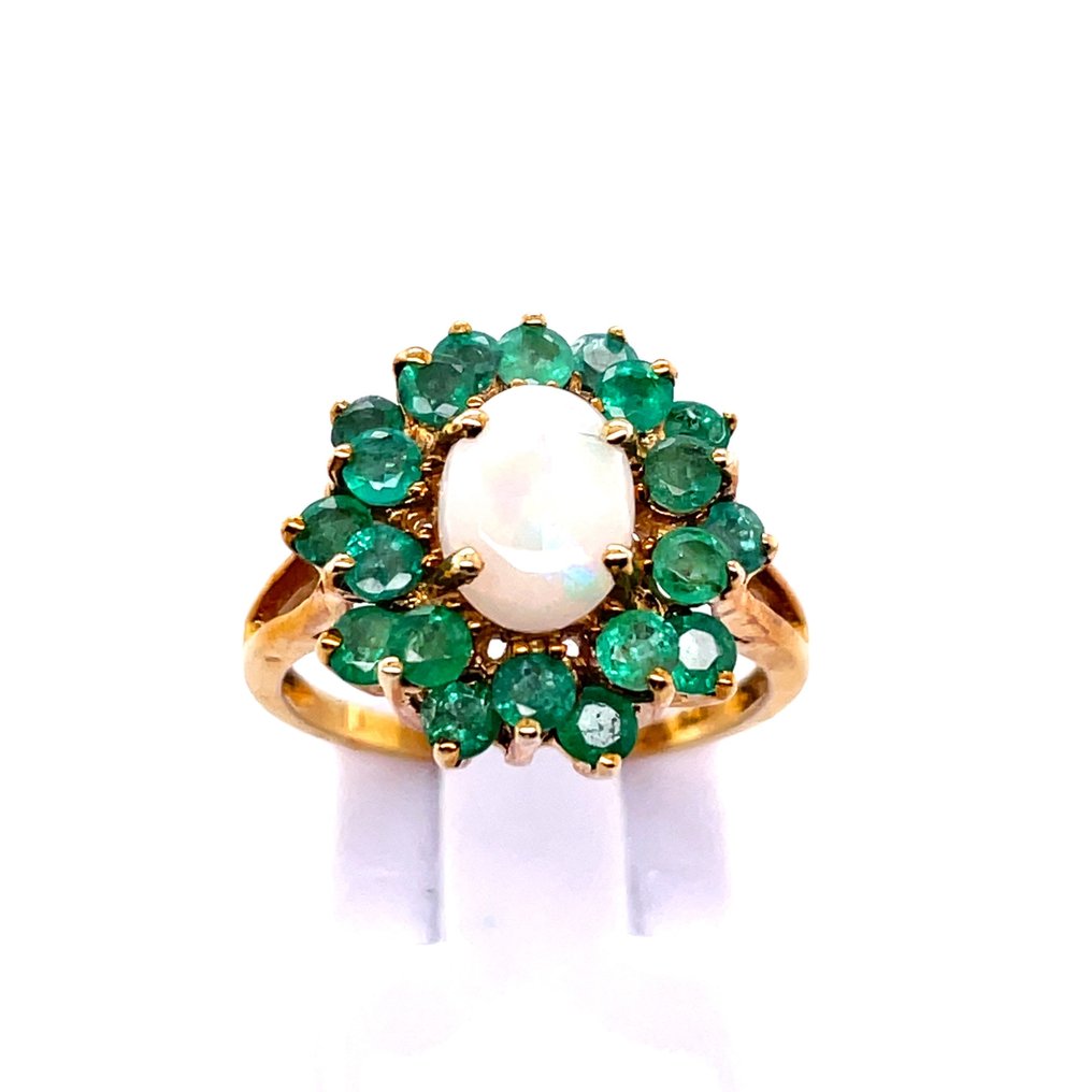 鸡尾酒戒指 - 9 kt. 黄金 -  1.39ct. tw. 蛋白石 - 祖母绿 - 独特花卉装饰艺术 #3.2