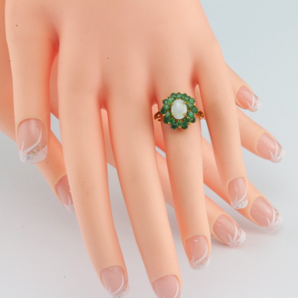 鸡尾酒戒指 - 9 kt. 黄金 -  1.39ct. tw. 蛋白石 - 祖母绿 - 独特花卉装饰艺术 #1.0