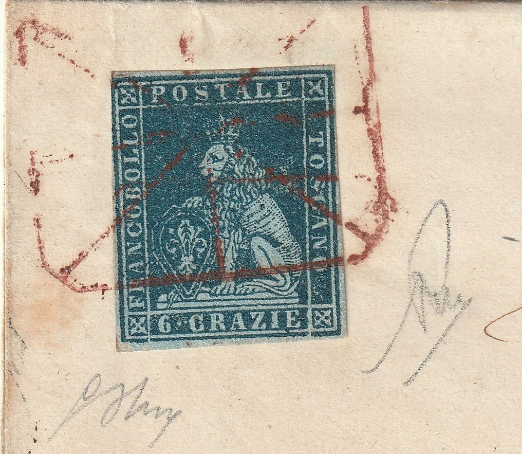 Starożytne państwa włoskie - Toskania 1851 - 1 rano 6 kr. na świeżej nakładce. z Livorno ann. czerwony pająk Pt.11 x Padwa, bardzo rzadki luksus - Sassone n.7c #2.1