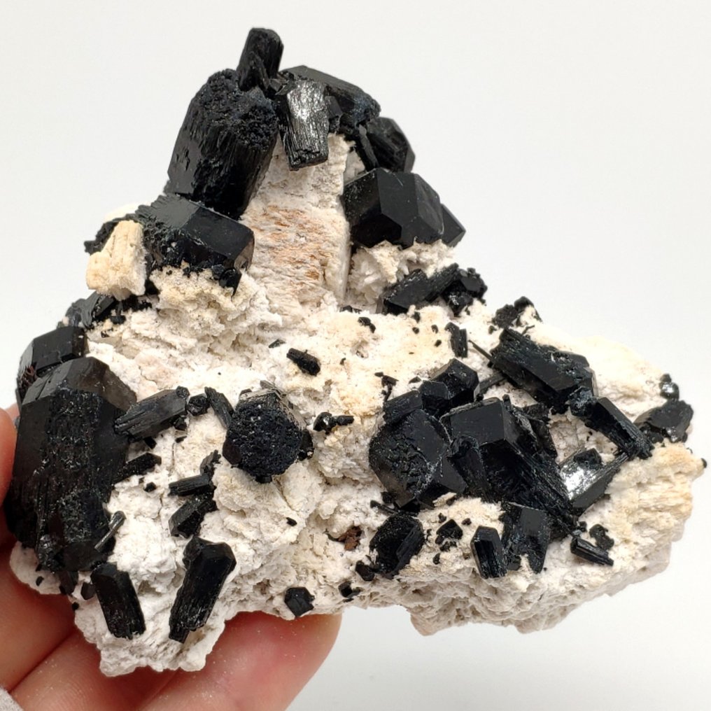 Tourmaline (Schorl) on feldspar. Kristallit välimassassa - Korkeus: 11.5 cm - Leveys: 10.5 cm- 297 g - (1) #3.2