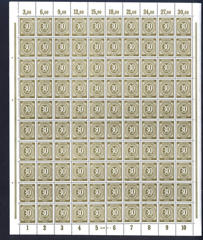Allied Occupation - Germany 1946 - Number series, 30 Pf. in the rare c-color, complete sheet, top margin perforated, catalog price. - Michel 928 c (P OR dgz) #1.0