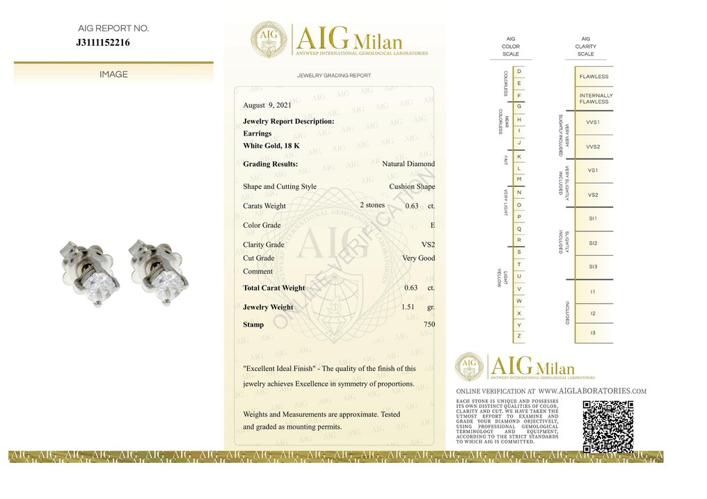 AIG Certificate - 18 克拉 白金 - 耳環 - 0.63 ct 鉆石 #2.1