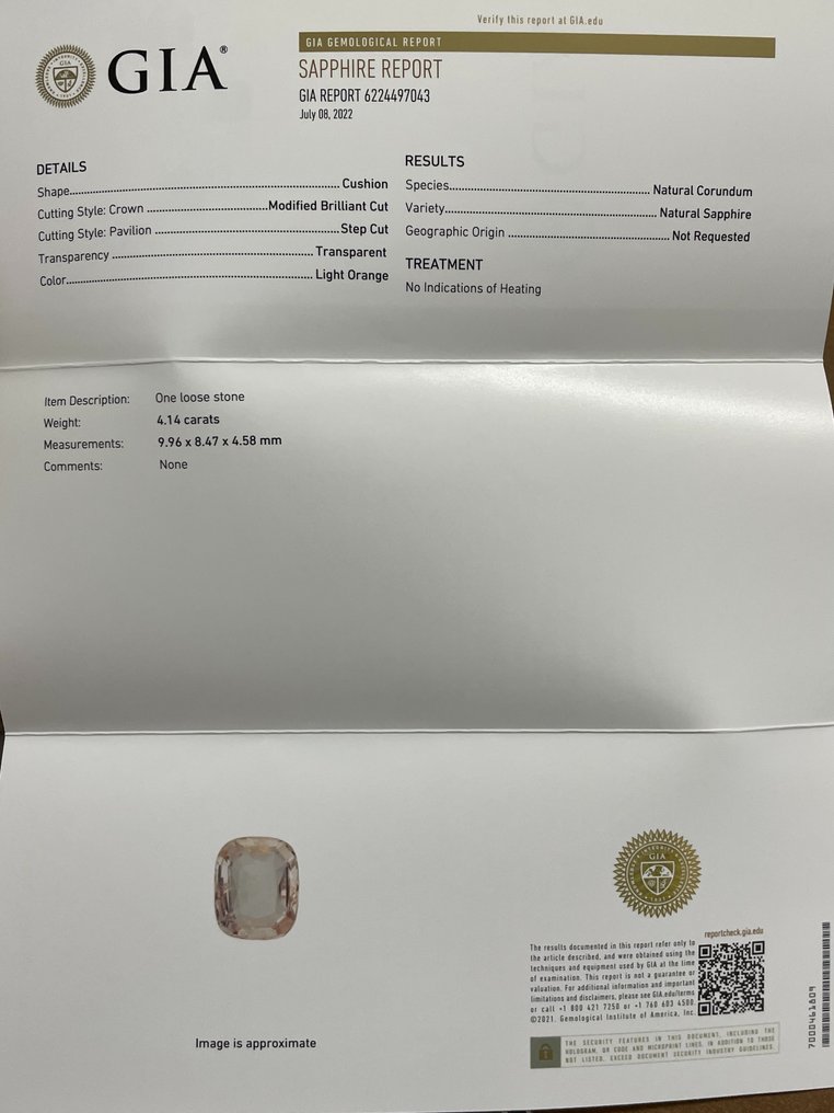 1 pcs  Portocaliu Safir  - 4.14 ct - GIA (Institutul gemologic din SUA) #2.1