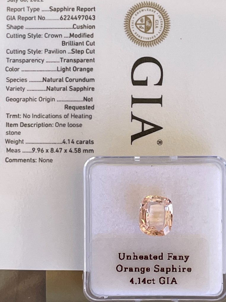 1 pcs  Portocaliu Safir  - 4.14 ct - GIA (Institutul gemologic din SUA) #1.0