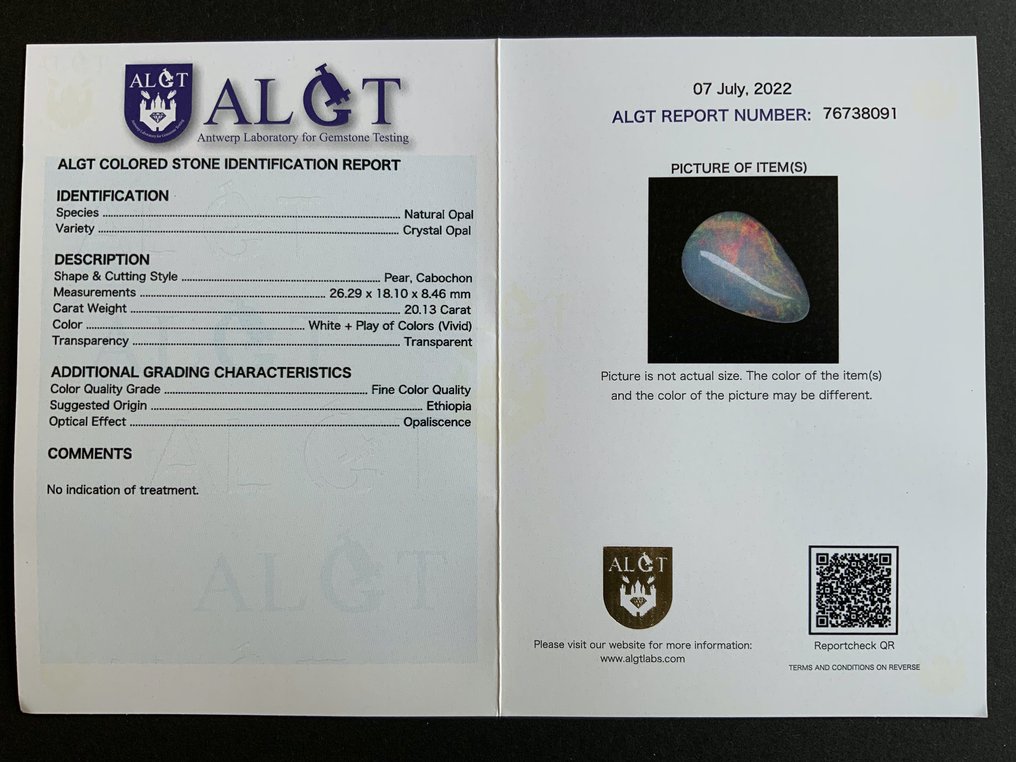 蛋白石  - 20.13 ct - Antwerp Laboratory for Gemstone Testing (ALGT) #2.2