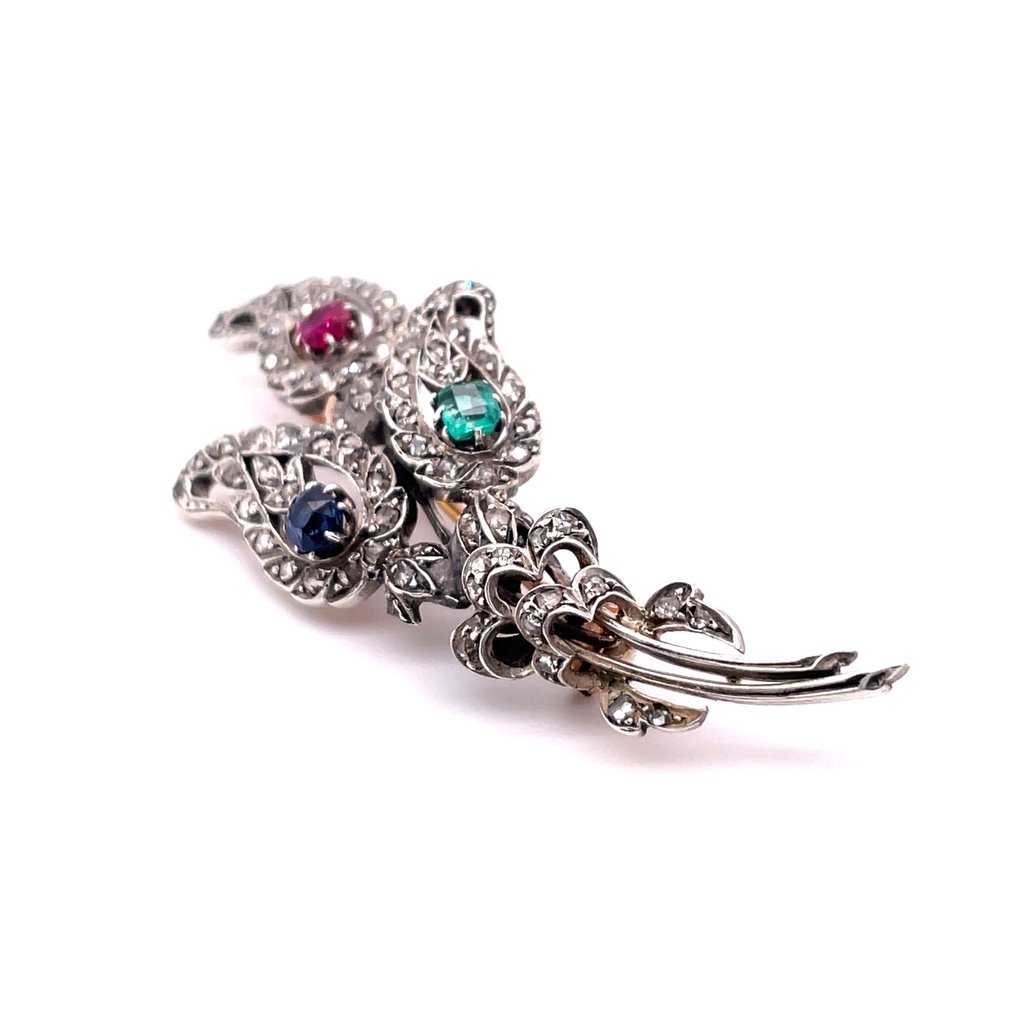 胸針 - 14 克拉 黃金, 銀, 白金 鉆石 (天然) - 紅寶石 - 独特宝石花卉 #1.0