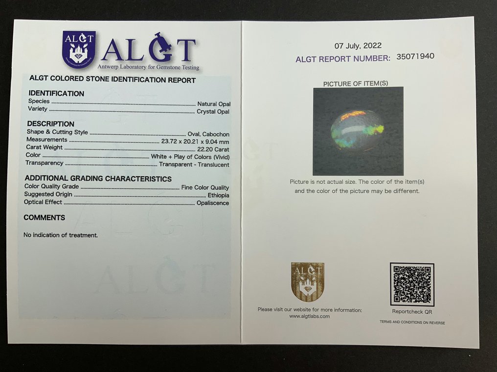 Opal - 22.20 ct - Antwerp Laboratory for Gemstone Testing (ALGT) #4.3