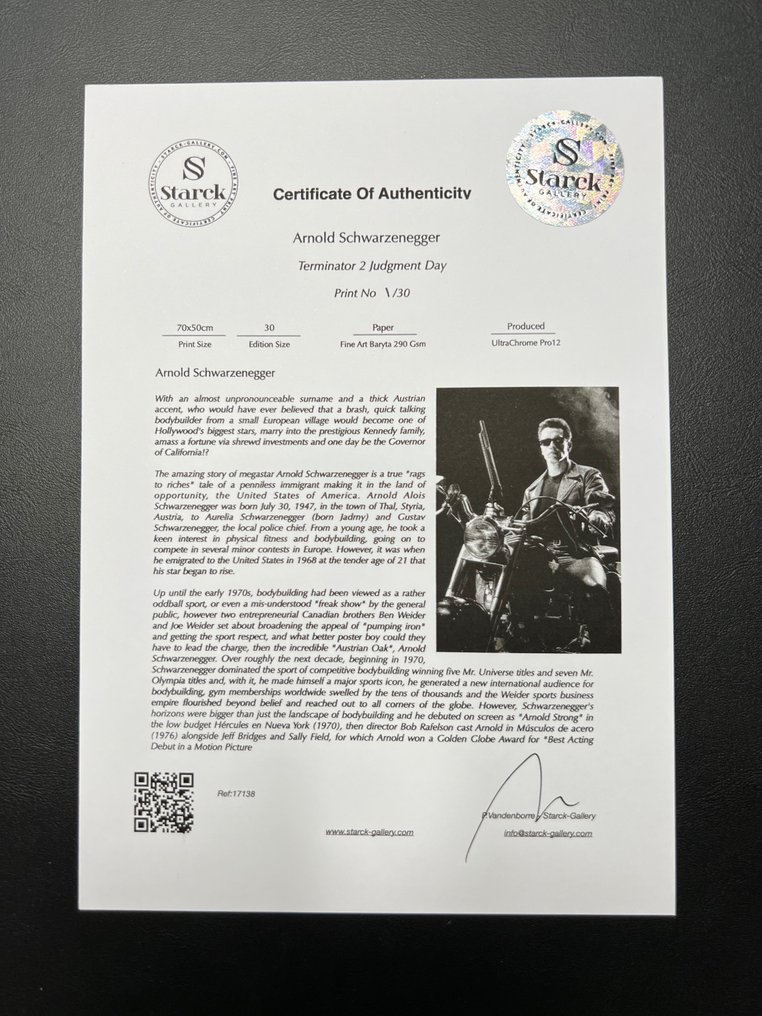 Terminator 2 Judgment Day - Arnold Schwarzenegger as "The Terminator" - Fine Art Photography - Luxury Wooden Framed 70X50 cm - Limited Edition Nr 09 of 50 - Serial ID 17138 - Original Certificate (COA), Hologram - 100% New. Shipping Reduction from 3 items #1.0