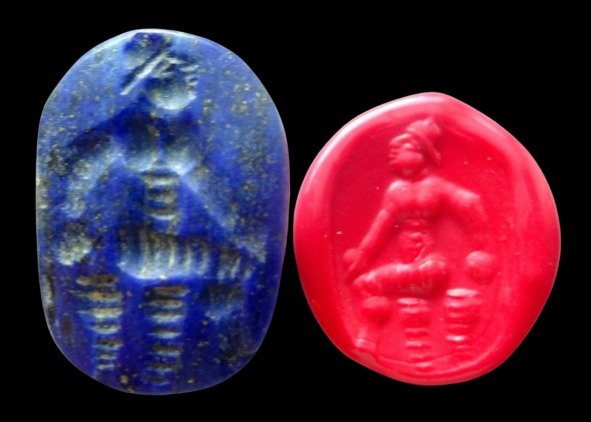 Sassanide - Nagy pecsétviasz Lapis Lazuliból - sisakos király - Kr. e. 3. / 6. század #2.1