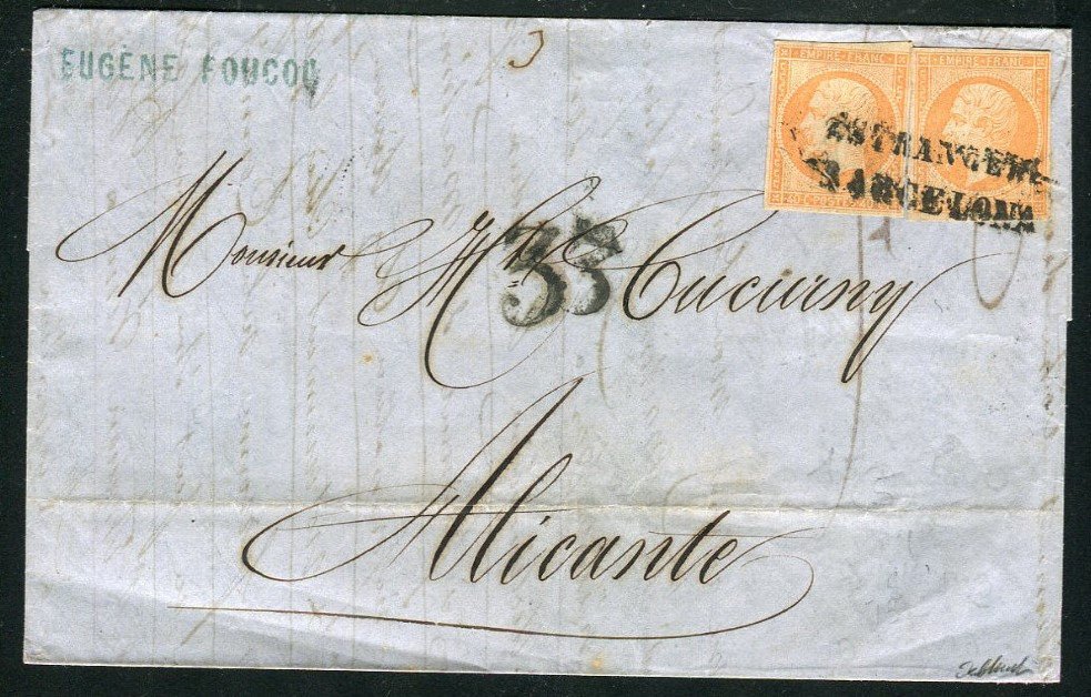Γαλλία 1860 - Σπάνια διπλή επιστολή από τη Μασσαλία προς το Αλικάντε - σφραγίδα ESTRANGERO BARCELONA #1.1