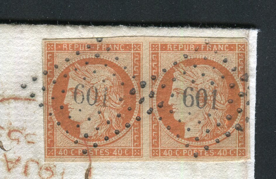 Γαλλία 1853 - Σπάνιο γράμμα από τις Κάννες στο Λονδίνο με ένα ζευγάρι Νο. 5α Bright Orange - Signed Calves #2.1
