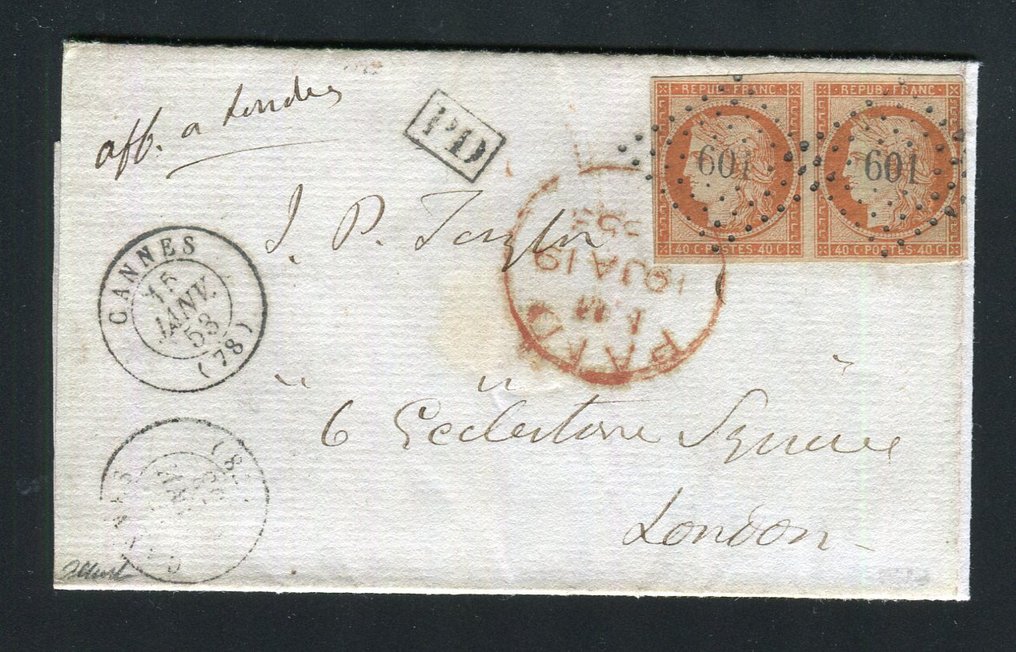 Γαλλία 1853 - Σπάνιο γράμμα από τις Κάννες στο Λονδίνο με ένα ζευγάρι Νο. 5α Bright Orange - Signed Calves #1.1