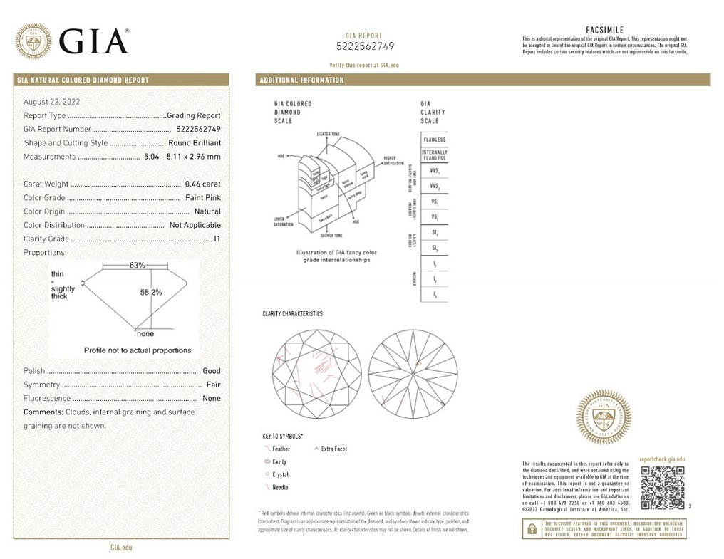 1 pcs Diamant  (Natürlich farbig)  - 0.46 ct - Rund - Faint Rosa - I1 - Gemological Institute of America (GIA) #2.1