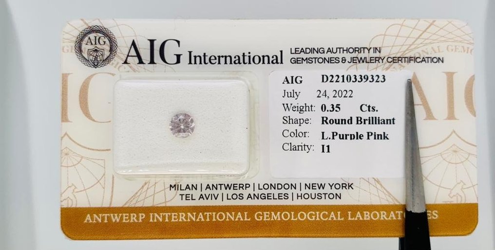 1 pcs Diamant  (Natuurlijk gekleurd)  - 0.35 ct - Rond - Light Paars Roze - P1 - International Gemological Institute (IGI) #2.1