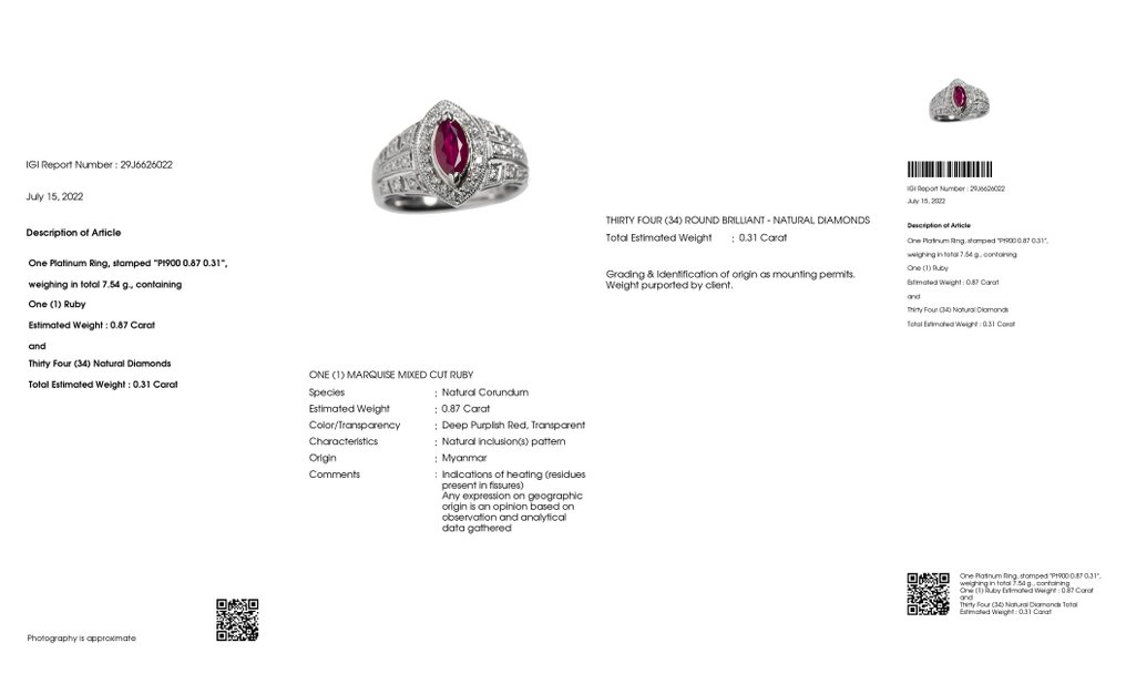 Δαχτυλίδι Πλατίνα -  1.18ct. tw. Ρουμπίνι - Διαμάντι #2.1