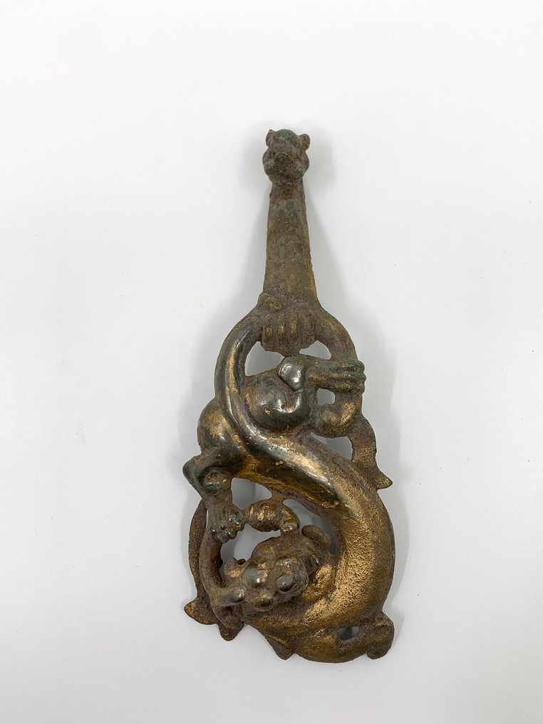 Brązowy Starożytni Chińczycy, dynastia Han Smok Fibula Ca 206 p.n.e. - 220 n.e - 17 cm #1.1