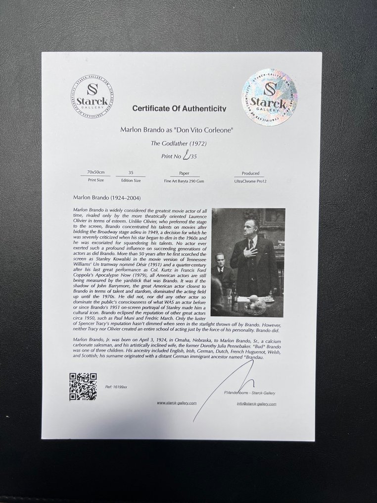 The Godfather, Marlon Brando as "Don Vito Corleone" - Fine Art Photography - Luxury Wooden Framed 70X50 cm - Limited Edition Nr 03 of 35 - Serial ID - Original Certificate (COA), Hologram - 100% New. Shipping Reduction from 3 items #1.0