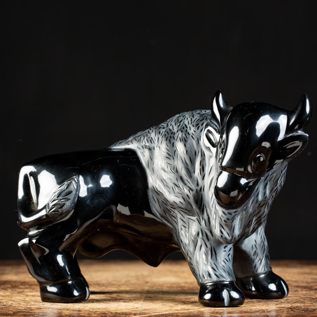 Schwarzer Obsidian – Bison-Skulptur – wunderbare handgefertigte Schnitzerei - Höhe: 155 mm - Breite: 230 mm- 3130 g #1.1