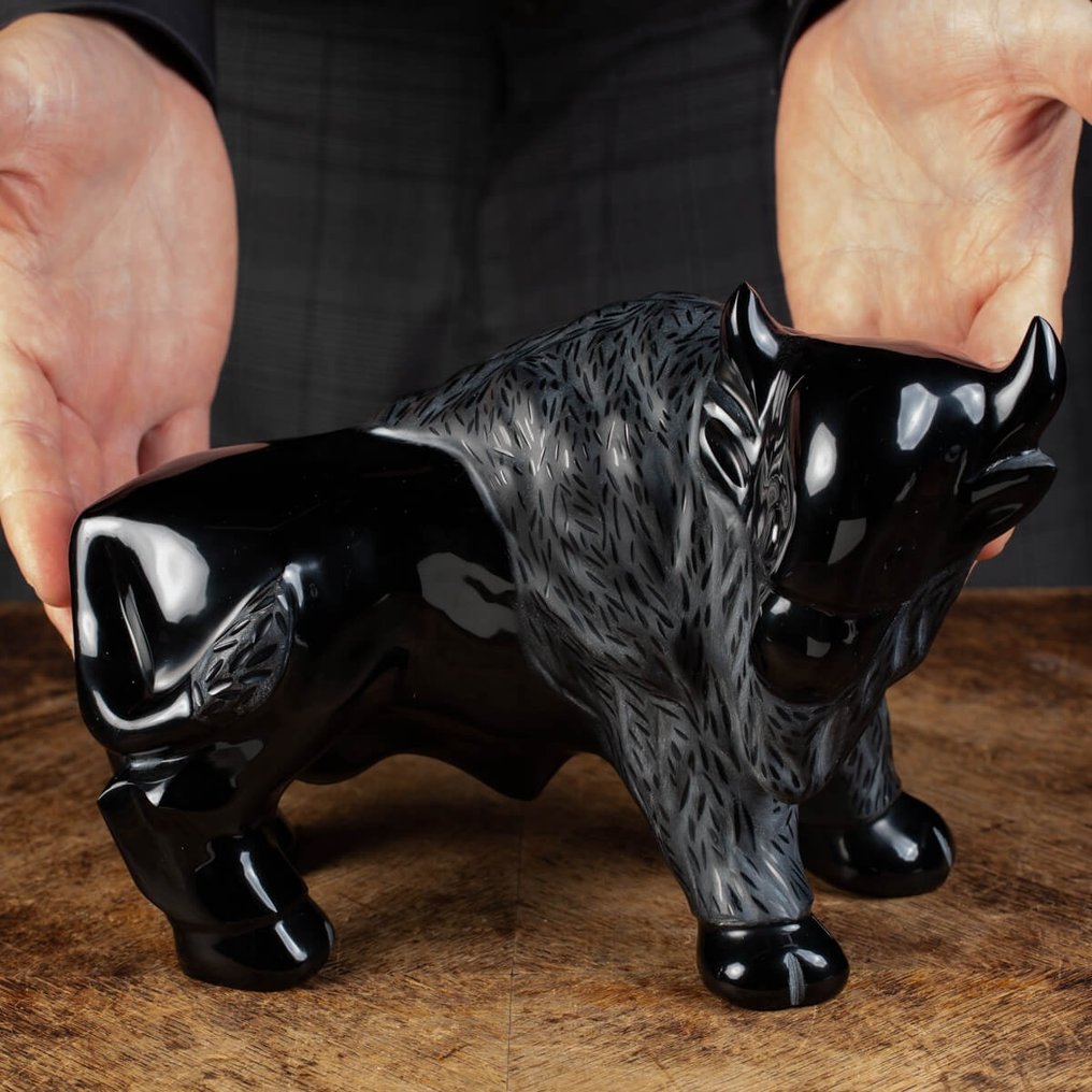 Schwarzer Obsidian – Bison-Skulptur – wunderbare handgefertigte Schnitzerei - Höhe: 155 mm - Breite: 230 mm- 3130 g #1.2