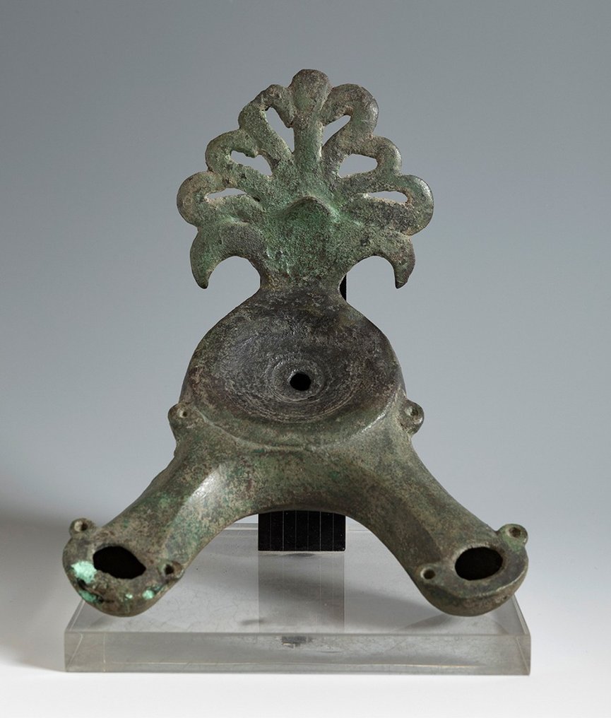 Romersk antik Bronze Olielampe dobbelt tud. 3. århundrede e.Kr. 16 cm stor. Meget stor. #1.1