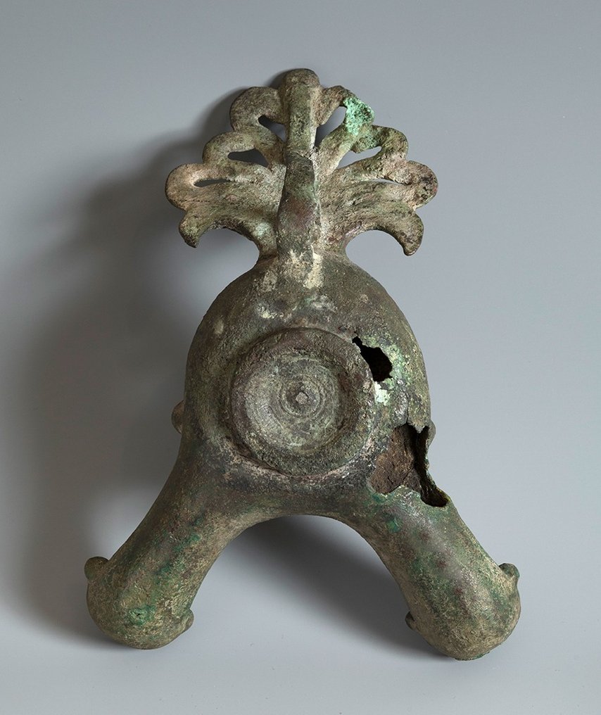 Romain antique Bronze Lampe à huile à double bec. 3ème siècle après JC. 16 cm de large. Très grand. #2.1